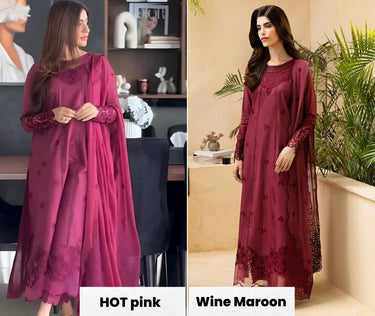 3 Piece Cotton Embroidered Dress - Majesty Wine